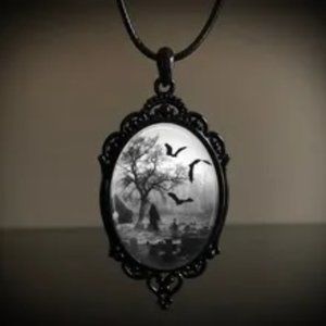 Gothic Cemetery Cameo Necklace Halloween Haunted Spooky Victorian Black